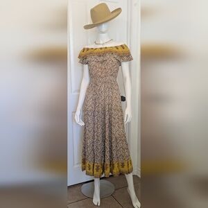 Yellow Floral Off Shoulder Maxi Tiered  Dress with Ruffle Neckline Medium